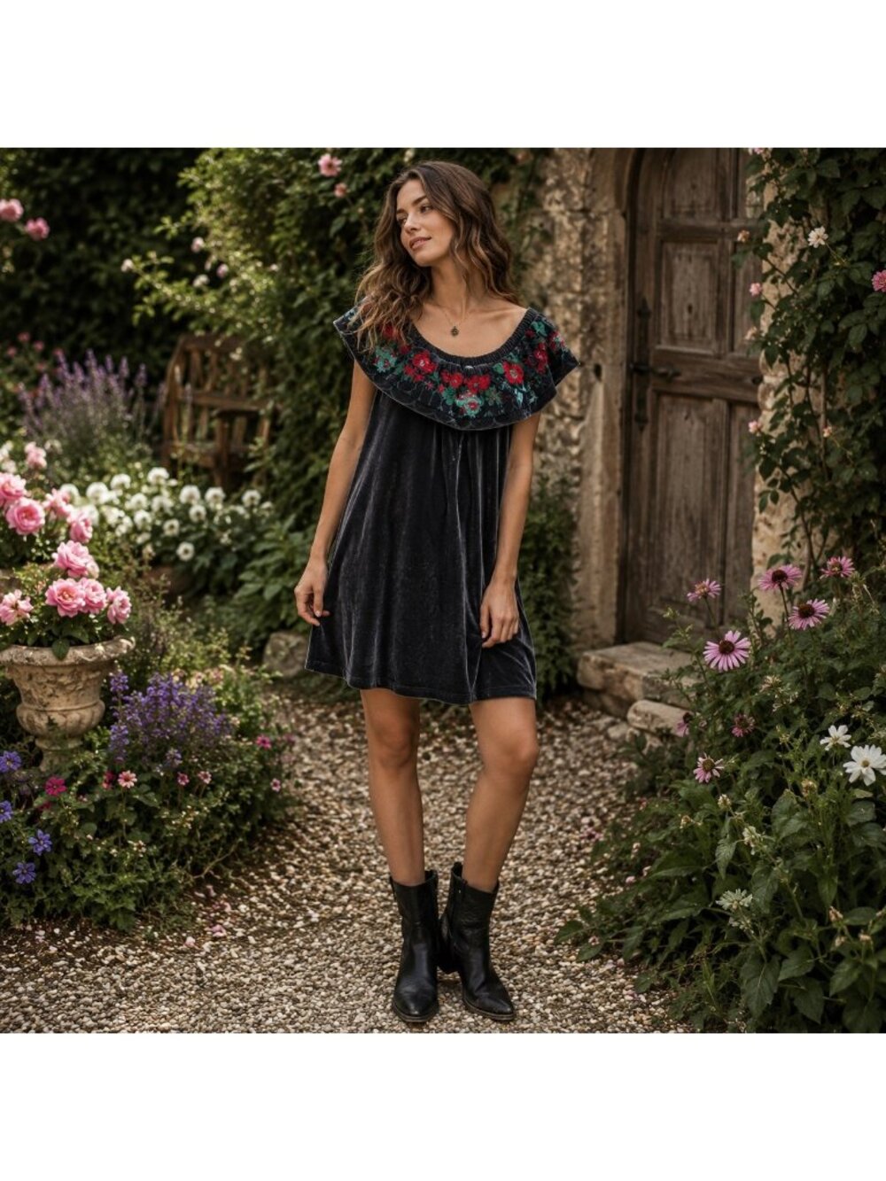 Umgee Womens Velvet Floral Embroidered Ruffle Dress Size L Boho Peasant Western